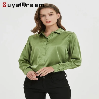 قميص نسائي صلب من SuyaDream موضة 93% حرير حقيقي 7% سبانديكس بأكمام طويلة بلوزة أ