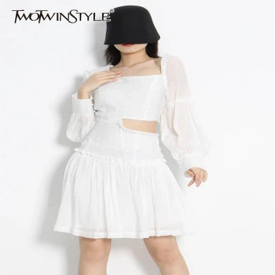 فستان ملون من TWOTWINSTYLE للنساء مطبوع بياقة مائلة فانوس وأكمام طويلة فساتين مق
