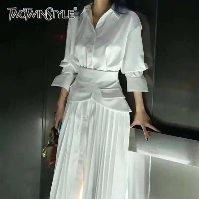 TWOTWINSTYLE فستان أنيق مطوي للنساء التلبيب كم طويل عالية الخصر فساتين ماكسي الإ