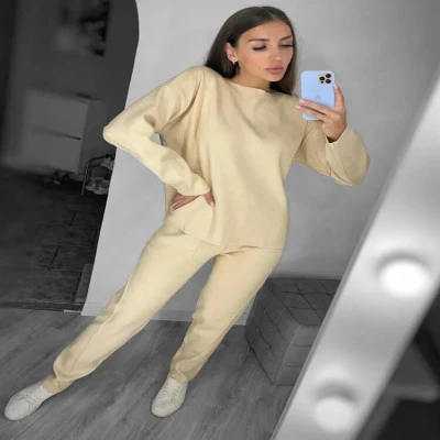 بدلة نسائية محبوك 2 قطعة مجموعة رياضية النساء الخريف سميكة الدافئة عادية س الرقب