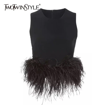 TWOTWINSTYLE قميص نسائي أسود مرقع موضة كورية, قميص نسائي برقبة مدورة بدون أكمام،