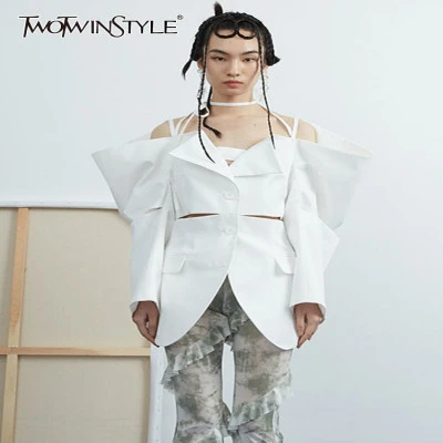 سترة نسائية بيضاء مقصوصة من TWOTWINSTYLE للنساء ذات ياقة مدببة وأكمام طويلة ملاب