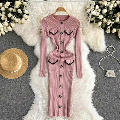 المرأة أنيقة أنيقة طويلة الأكمام مثير سليم Bodycon فستان Vintage الكورية موضة حك