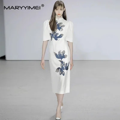 فستان نسائي صيفي بتصميم أنيق من MARYYIMEI وياقة ثابتة وأكمام مضيئة مزين بالترتر 