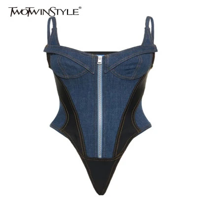 TWOTWINSTYLE المرقعة زيبر Playsuit للنساء ساحة طوق أكمام عالية الخصر مثير Bodyco
