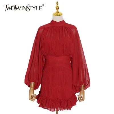 TWOTWINSTYLE ليوبارد الجوف خارج فستان للنساء الوقوف طوق فانوس كم عالية الخصر طبا
