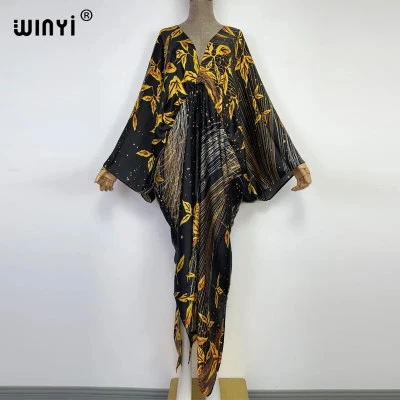 WINYI 2022 الصيف ريترو مطبوعة فستان طويل المرأة الأنيقة قفطان العميق الخامس الرق