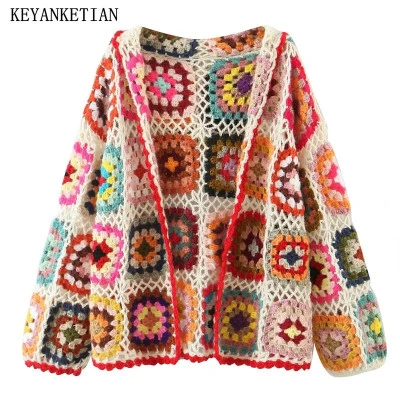 KEYANKETIAN خريف جديد جوفاء التدريجي هوك الأزهار اللون متماسكة سترة السيدات البو
