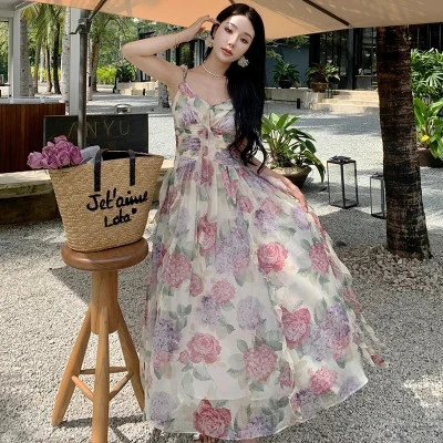 فستان شاطيء شيفون طويل للنساء ، طباعة أزهار ، عاري الظهر ، ضمادة ، فستان زلق ، ح