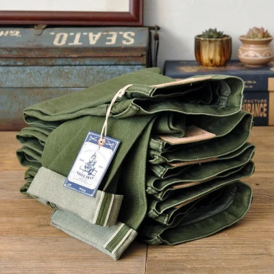 جينز رجالي من Saucezhan باللونين الأخضر الزيتوني 107 Selvedge جينز دينم للرجال م