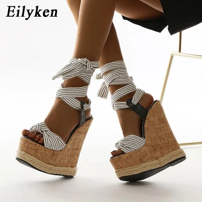 Eilyken الصيف الصلبة الأبيض منصة أسافين الصنادل النساء موضة عالية الكعب الكاحل ح