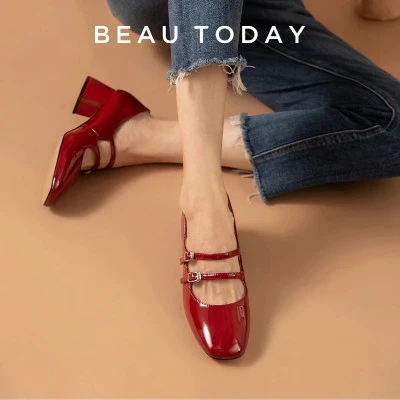 BeauToday-حذاء نسائي من الجلد اللامع بإبزيم ، حذاء أميرة للحفلات ، بمقدمة مربعة 