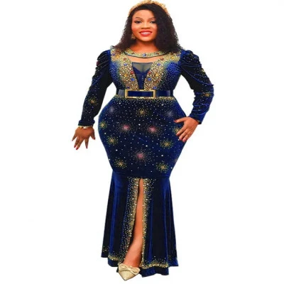 Maxi Dress Luxury Hot Diamonds Beaded Round Neck Long Sleeve Dress Gold Velvet D