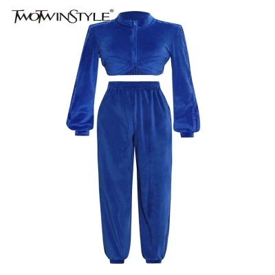 TWOTWINSTYLE أفخم قطعتين مجموعات للإناث الوقوف طوق فانوس كم طويل اقتصاص مع عالية