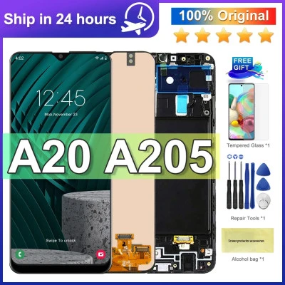100% الأصلي 6.4 ''لسامسونج A20 A205 SM-A205F A205FN LCD شاشة تعمل باللمس محول ال