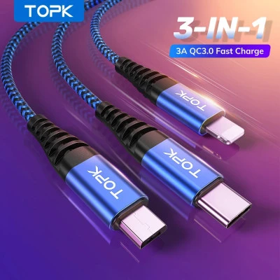 TOPK 3 في 1 مايكرو USB نوع C كابل آيفون 14 13 12 Plus X Xs ماكس سامسونج شاومي هو