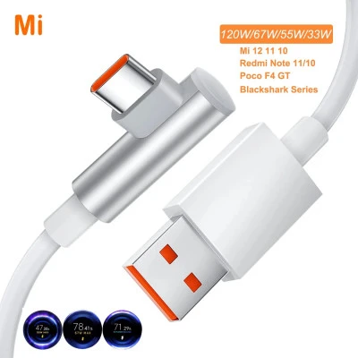 ل شاومي 120 واط 6A Usb نوع C لعبة شحن سريع كابل 90 درجة الكوع ل Mi 12 11 10 برو 