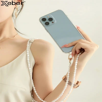 حافظة هاتف فاخرة Crossbody مع مجوهرات الحبل ، سلسلة اللؤلؤ ، حامل شفاف ، غطاء لج