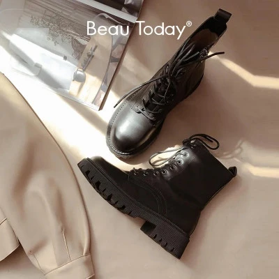 BeauToday حذاء من الجلد النساء منصة جلد البقر جولة تو الدانتيل متابعة سستة إغلاق