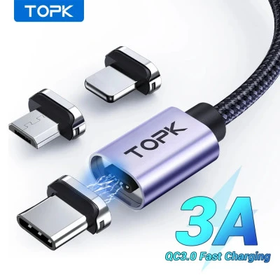 كابل شحن مغناطيسي من TOPK 6.6ft 3A ، كابل USB من النوع C مع ضوء Led ، يدعم الشحن