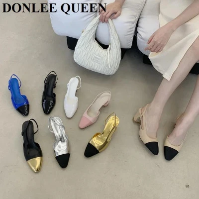 صنادل كلاسيكية أنيقة بألوان مختلطة من Slingback أحذية نسائية مرنة بشريط خلفي وكع