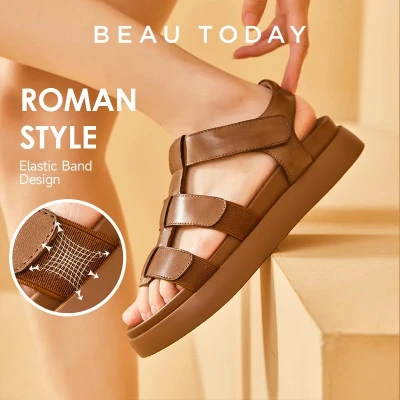 Beautoday الصنادل النساء جلد البقر الحقيقي المفتوحة تو بلون الكاحل حزام منصة الش