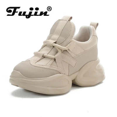 Fujin 8 سنتيمتر جديد جلد طبيعي المرأة الصيف جوفاء الهواء شبكة منصة إسفين أحذية ر