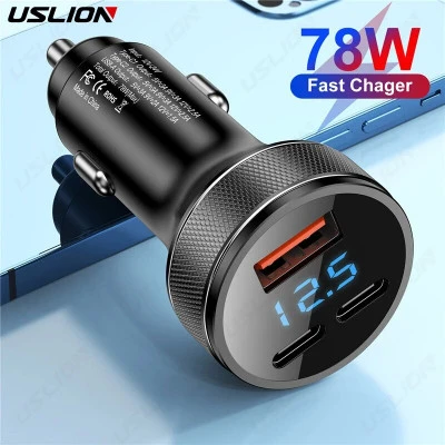 USLION شاحن سريع USB C شاحن سيارة 78 واط PD شحن سريع نوع C USB محول الهاتف في سي