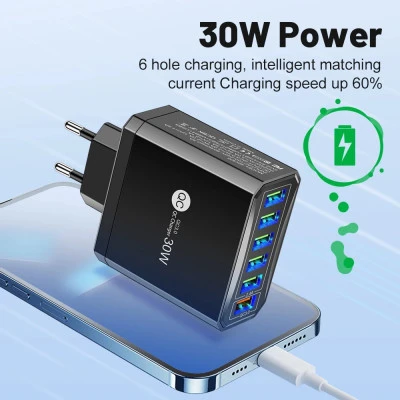 6 شاحن حائط usb 30 واط ، شحن سريع ، متعدد المكونات ، لهاتف iphone 15 ، usmarg ، 