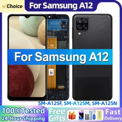 شاشة Lcd تعمل باللمس لسامسونج غالاكسي a12 ، a125f ، a125f/ds ، مع إطار ، تجميع م