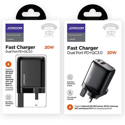 جيروم شاحن حائط 20w بمنفذين بخاصية الشحن السريع JOYROOM L-QP203 ، ضمان سنتين الك